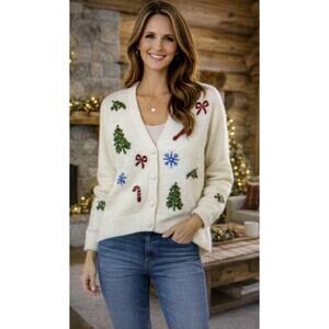 Cupcakes & Cashmere Womens XS Cardigan Sweater christmas bows holiday